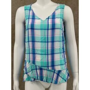 ana A‎ New Approach Top Womens Medium Blue Purple Plaid Ruffle Sleeveless V-Neck
